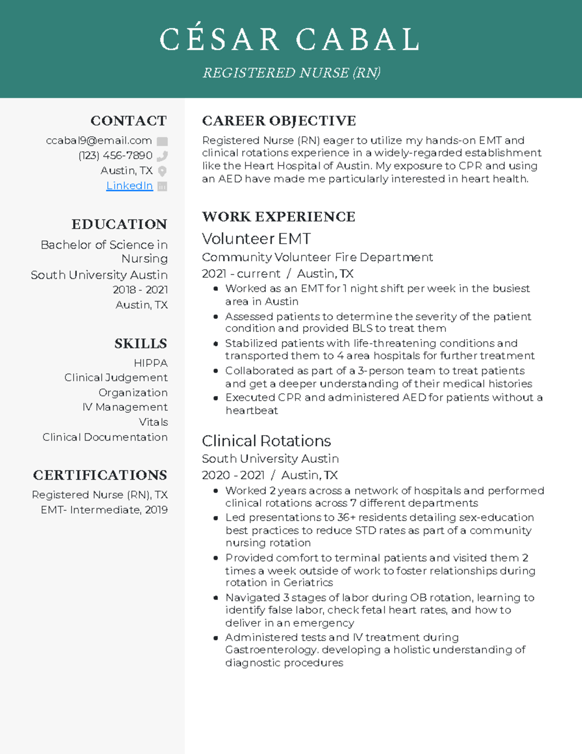 Nursing student no experience resume example C É S A R CA BA L