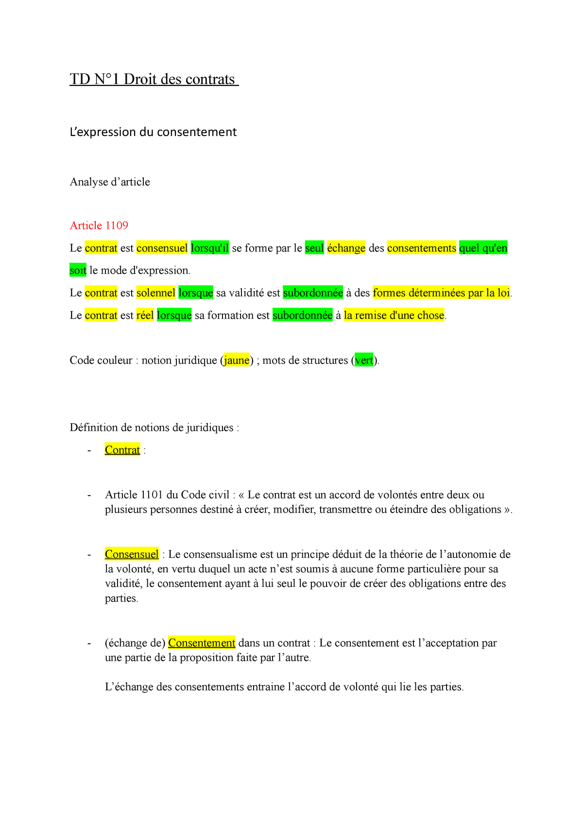 TD N°1 Droit Des Contrats , Analyse Et Def - TD N°1 Droit Des Contrats ...