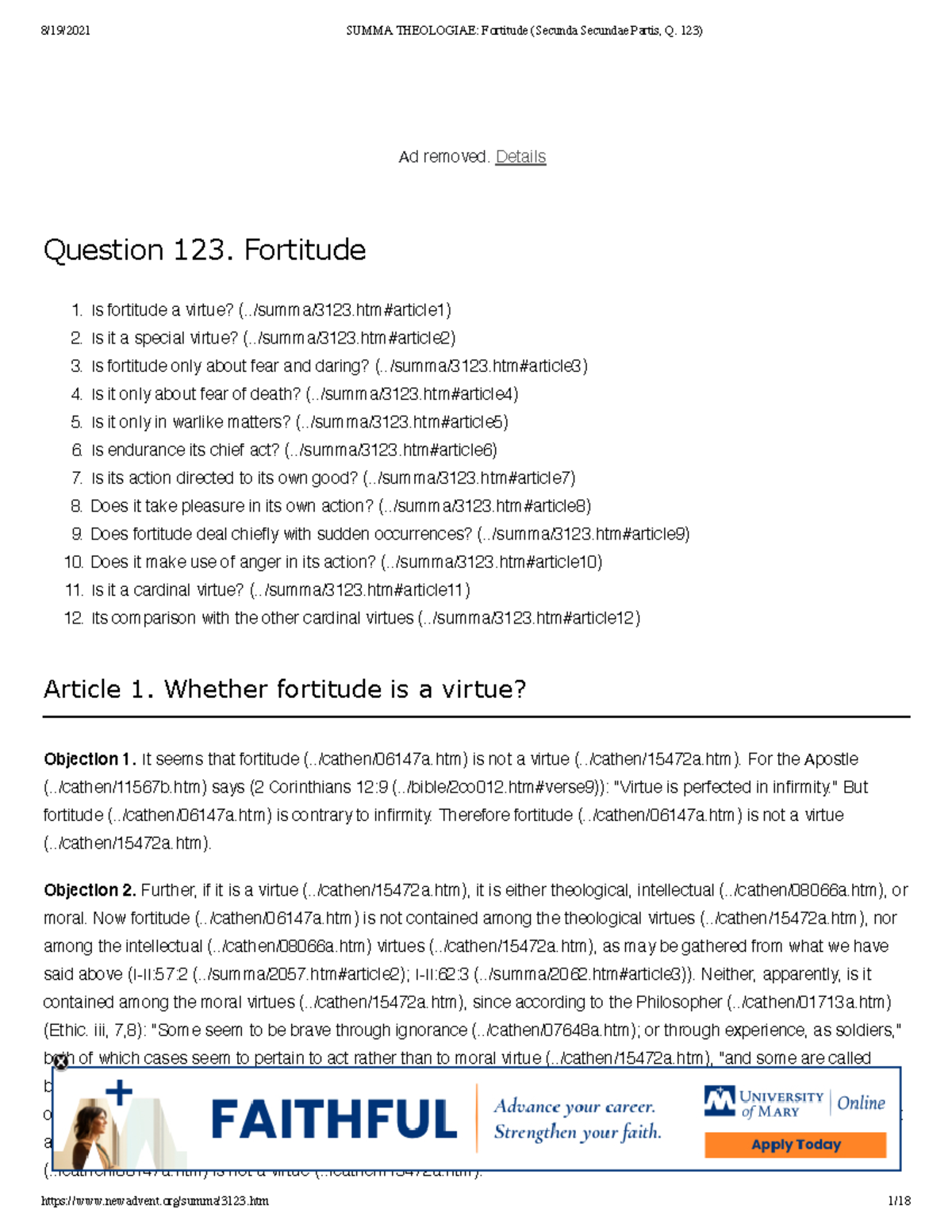 Aquinas Fortitude II-II.123 - Question 123. Fortitude Is fortitude a ...