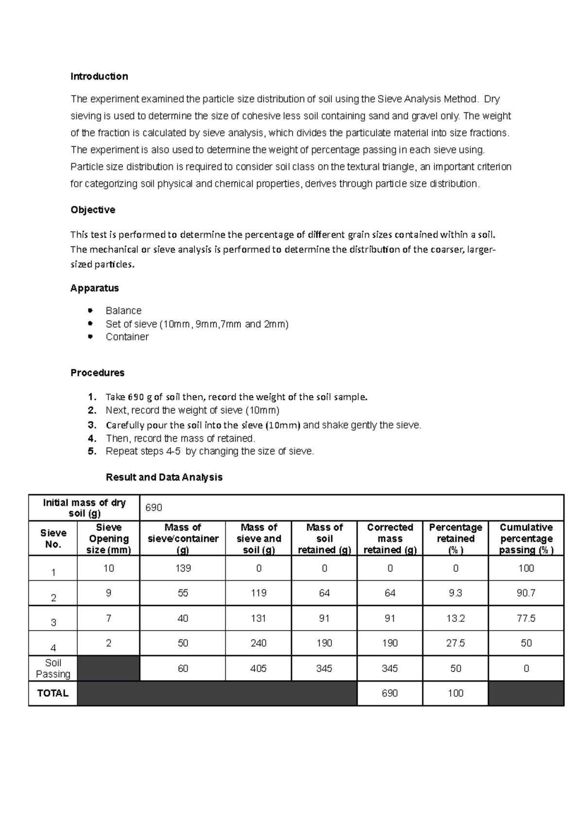 Report DRY Sieving Introduction The experiment examined the particle