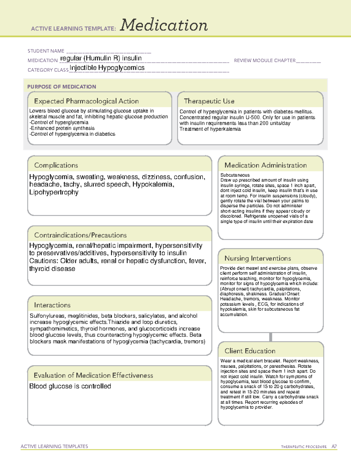 Humulin R Medication template - ACTIVE LEARNING TEMPLATES THERAPEUTIC ...