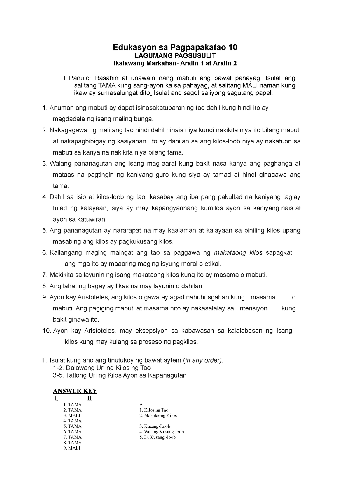 Es P10 Q2 Lesson 1 2 Summative With Answer Key - Edukasyon Sa ...