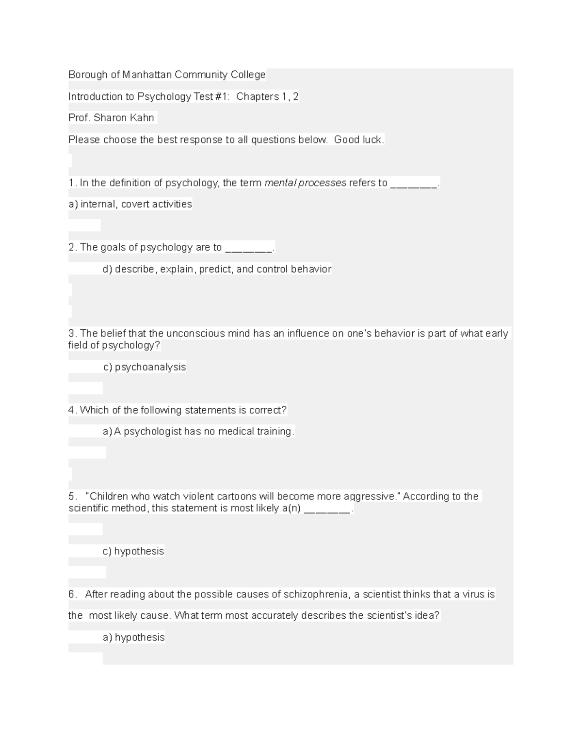 Introduction To Psychology Test #1 Chapters 1, 2 - Borough Of Manhattan ...