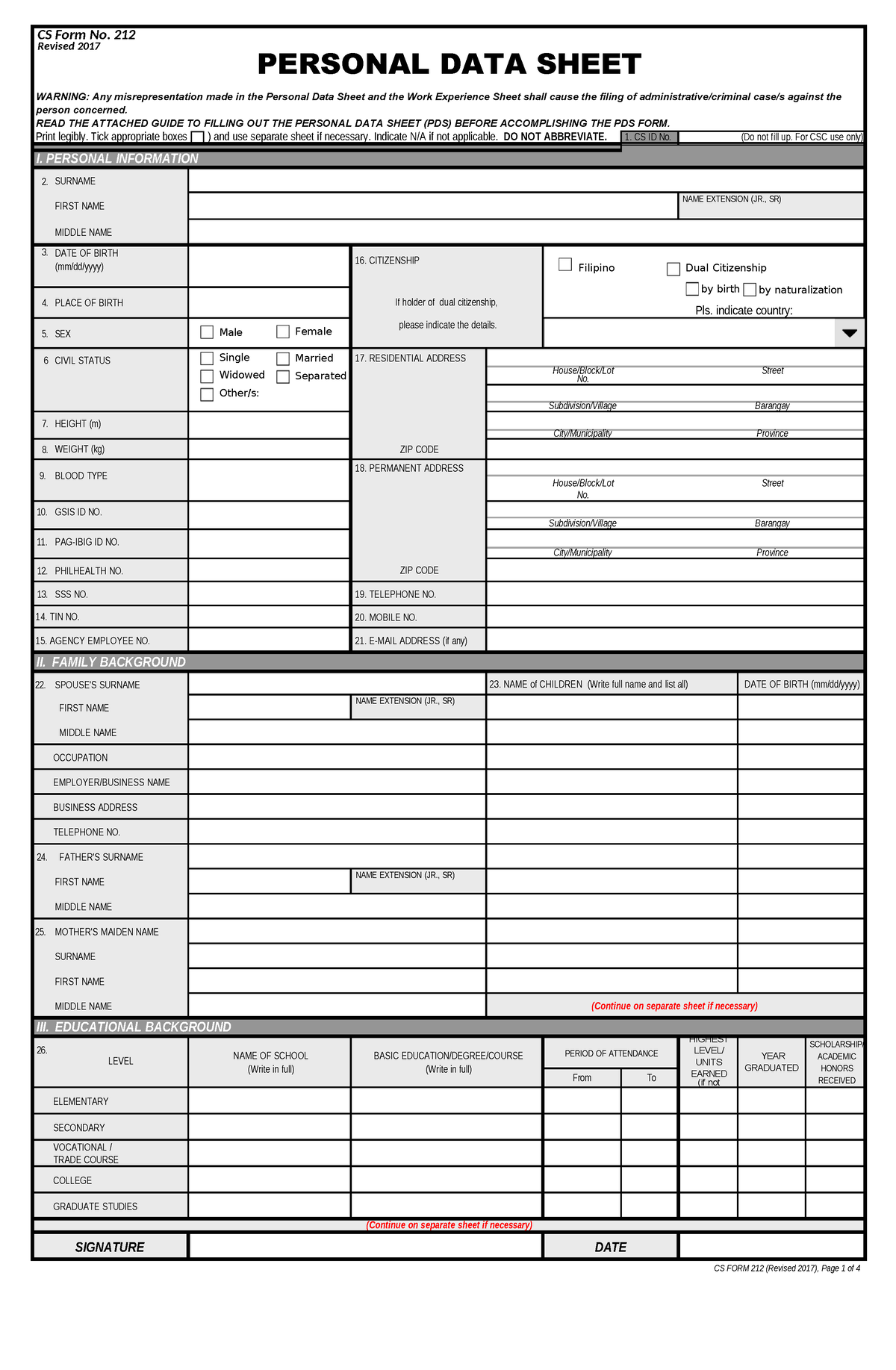 Personal Data Sheet CS Form No - ( CS Form No. 212 Revised 2017 ...