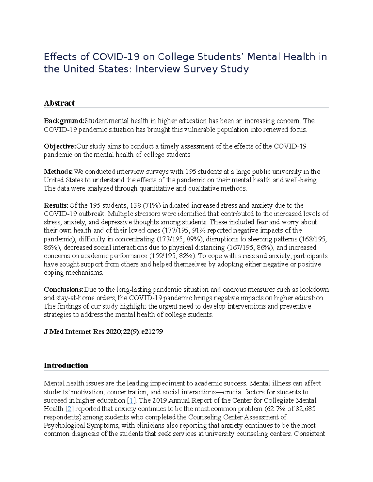 Effects of Covid 19 on College Students Mental Health in the United ...