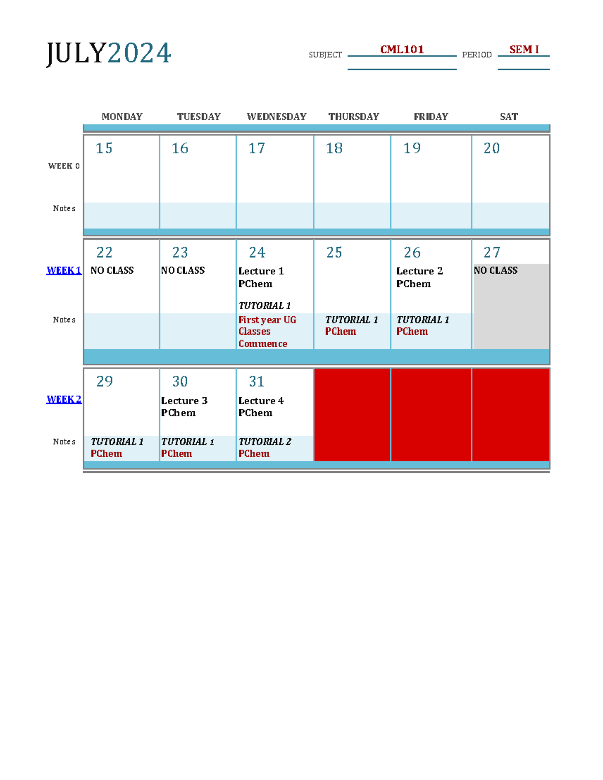 CML101 Semester Class Schedule - JULY 2024 SUBJECT MONDAY TUESDAY ...
