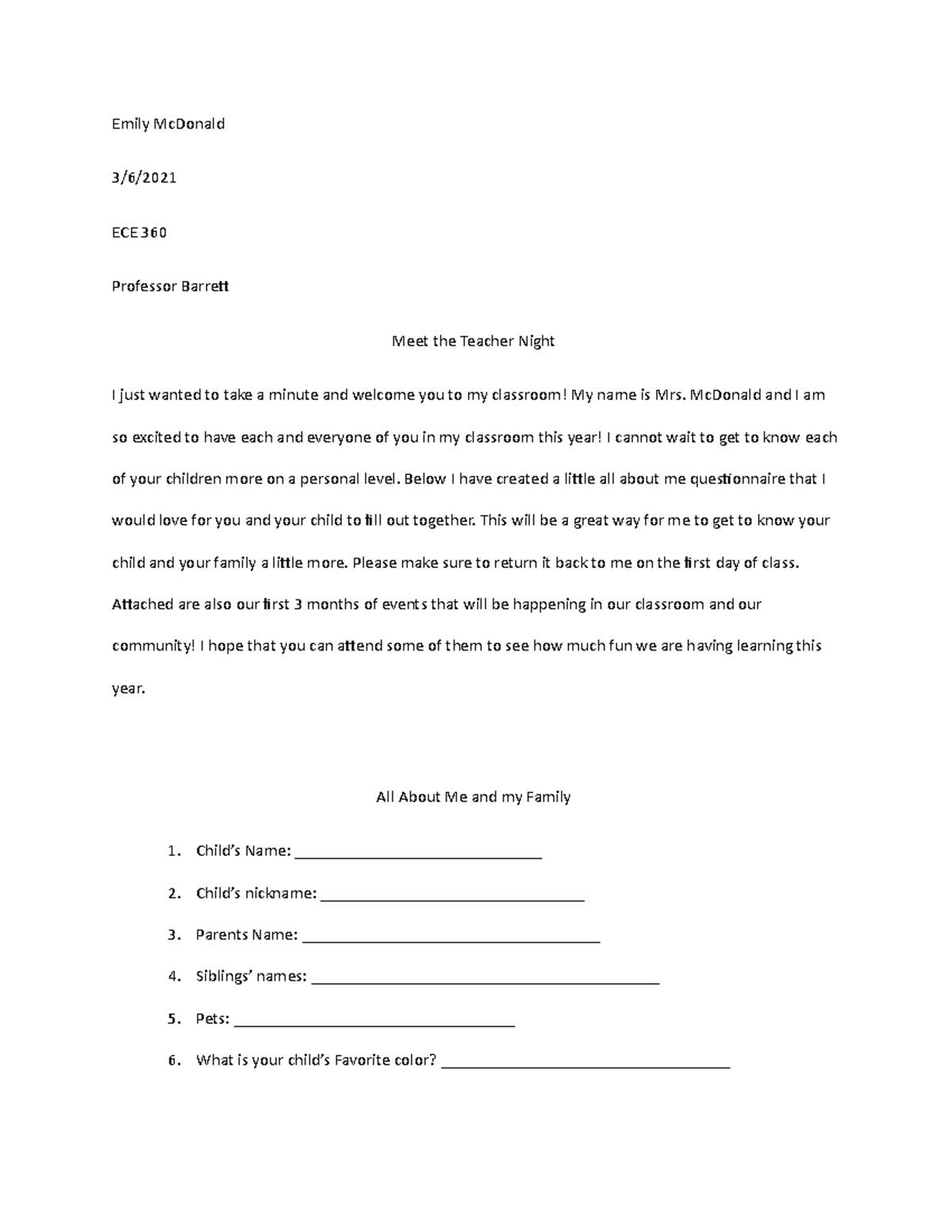 ECE 360 Meet the Teacher Night Emily Mc Donald - Emily McDonald ECE 360 ...