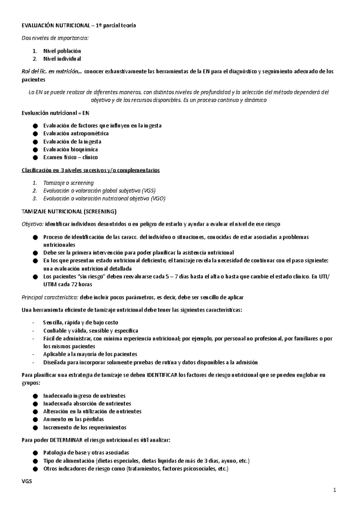 1º parcial - EvaluacióN Nutricional teoria - EVALUACIÓN NUTRICIONAL ...