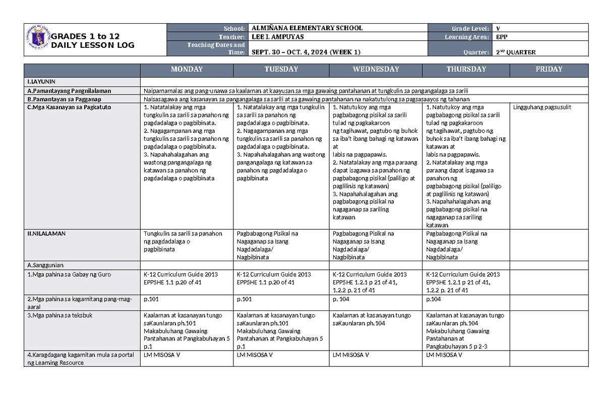 DLL EPP 5 Q2 W1 - ohhhhh - GRADES 1 to 12 DAILY LESSON LOG School ...