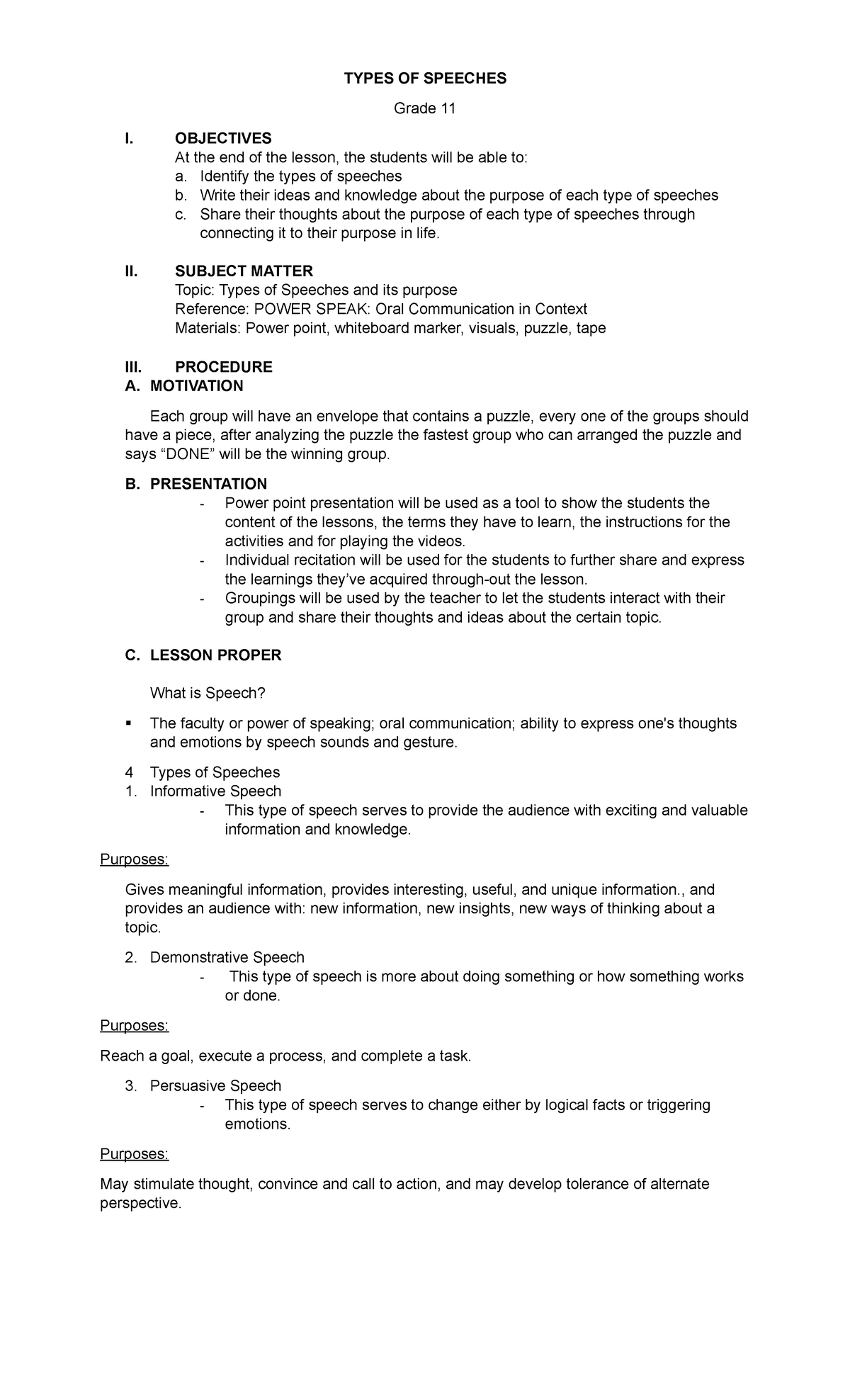 DLP- Types of Speeches - TYPES OF SPEECHES Grade 11 I. OBJECTIVES At ...