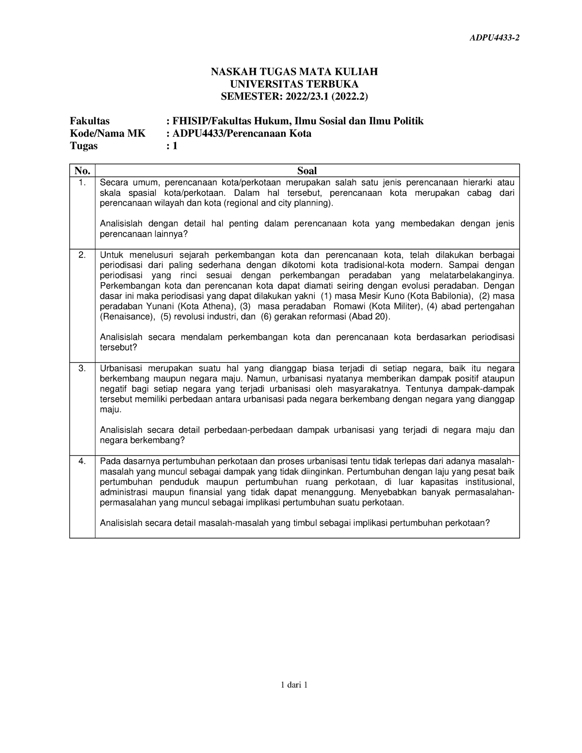 SOAL Perencanaan KOTA - Abcdefgh - ADPU4433- 1 Dari 1 NASKAH TUGAS MATA ...