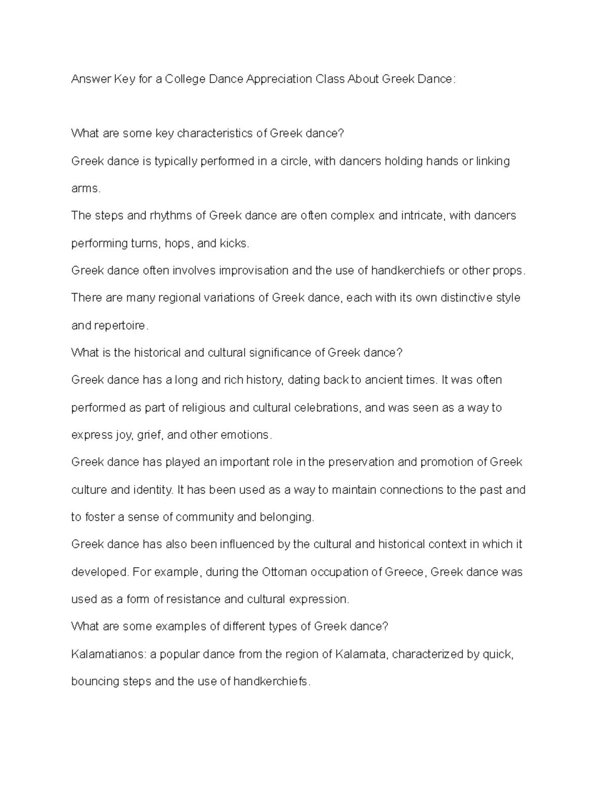 Answer Key for a College Dance Appreciation Class About Greek Dance ...