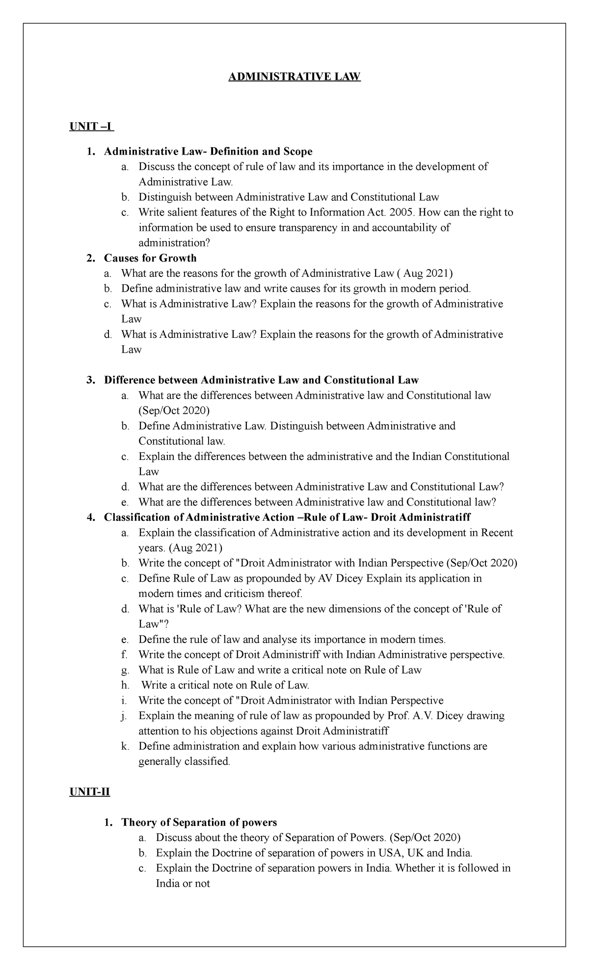 Admin Law - Questions - ADMINISTRATIVE LAW UNIT –I 1. Administrative ...