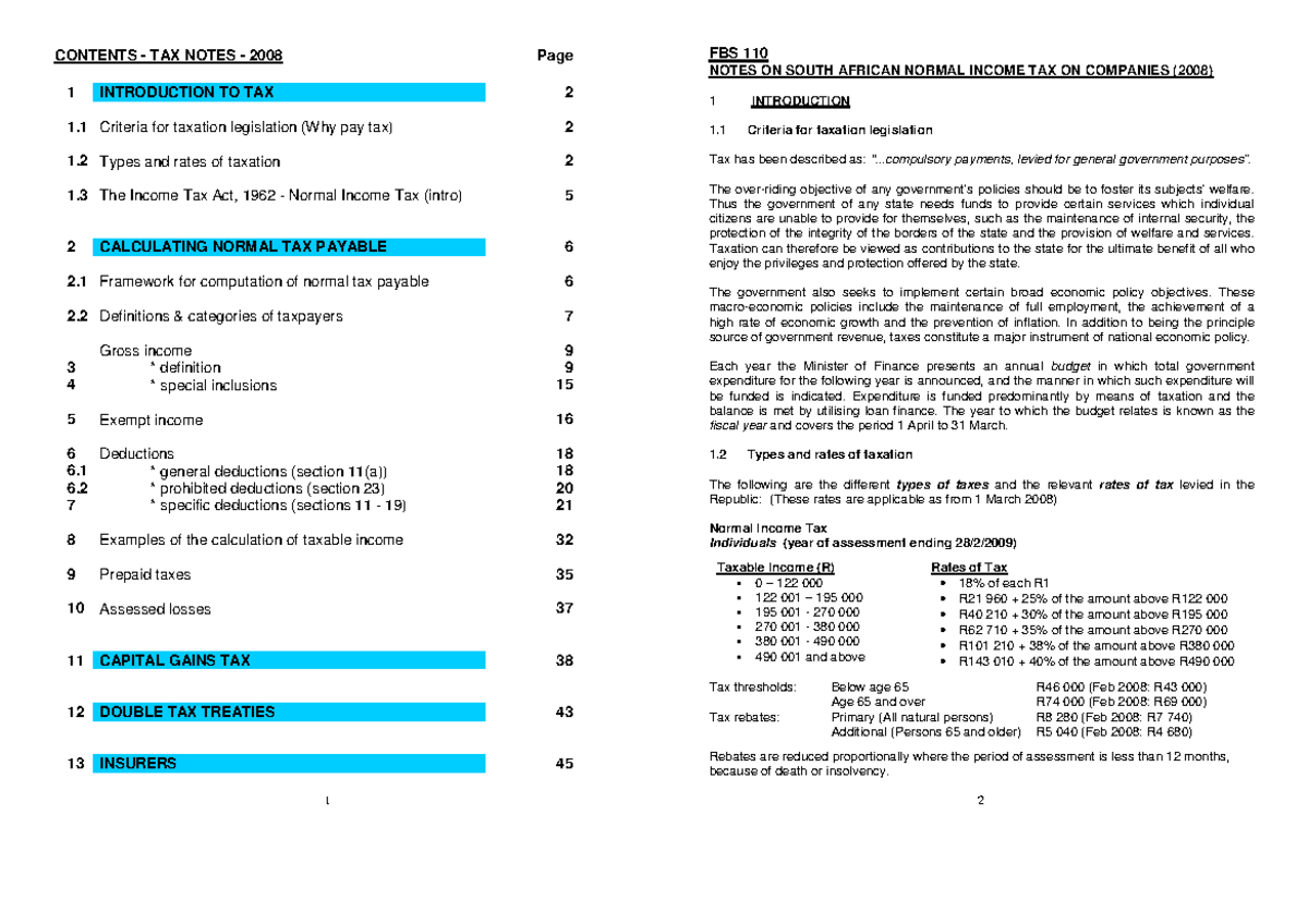 Tax notes 2008 - CONTENTS - TAX NOTES - 2008 Page 1 INTRODUCTION TO TAX ...