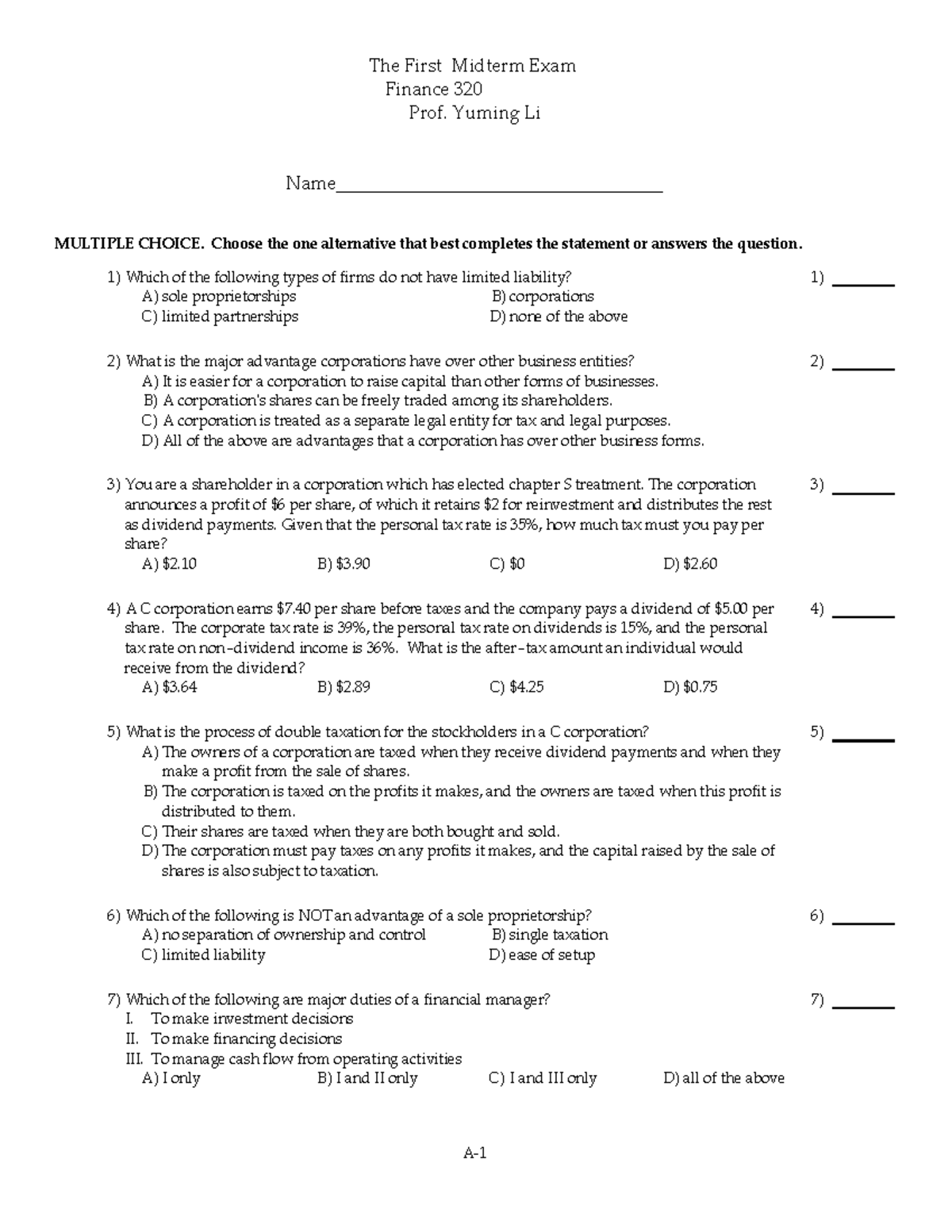 Sample Mid 1 - The First Midterm Exam Finance Prof. Yuming Li - Studocu