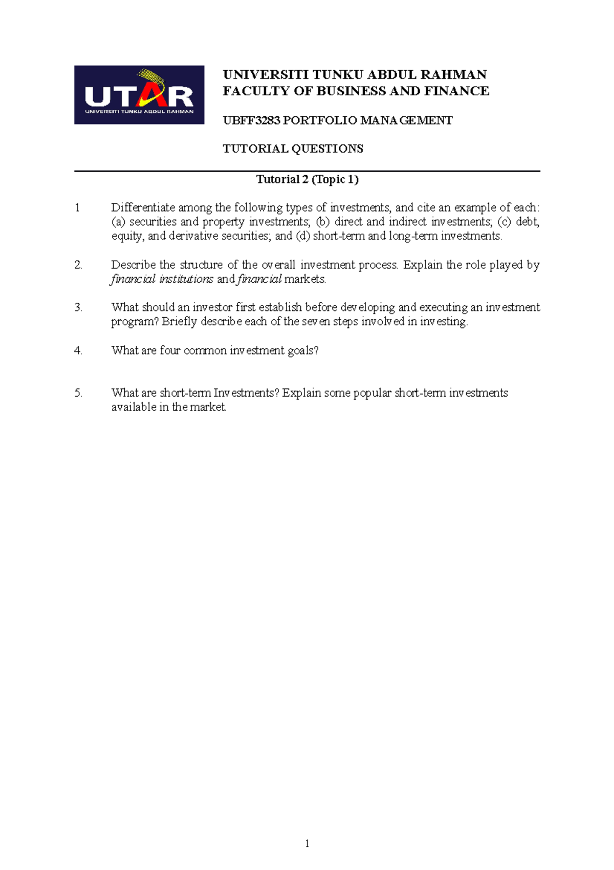 Tutorial 2 Ouestion Universiti Tunku Abdul Rahman Faculty Of Business And Finance Ubff3283 Tutorial 2 Ouestion Universiti Tunku Abdul Rahman Faculty Of Business And Finance Ubff3283