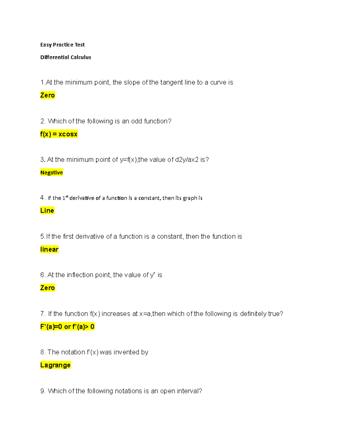 Differential Calculus Practice Test Easy Practice Test Differential