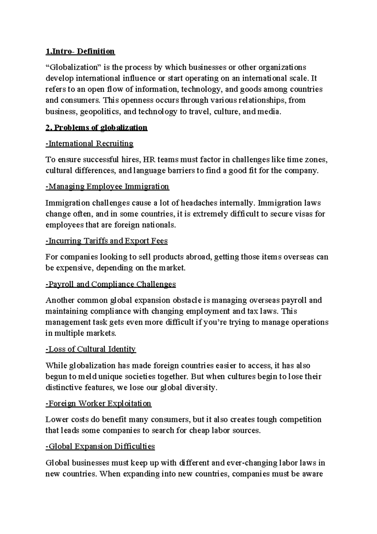 Outline problems of globalization 1 definition globalization is