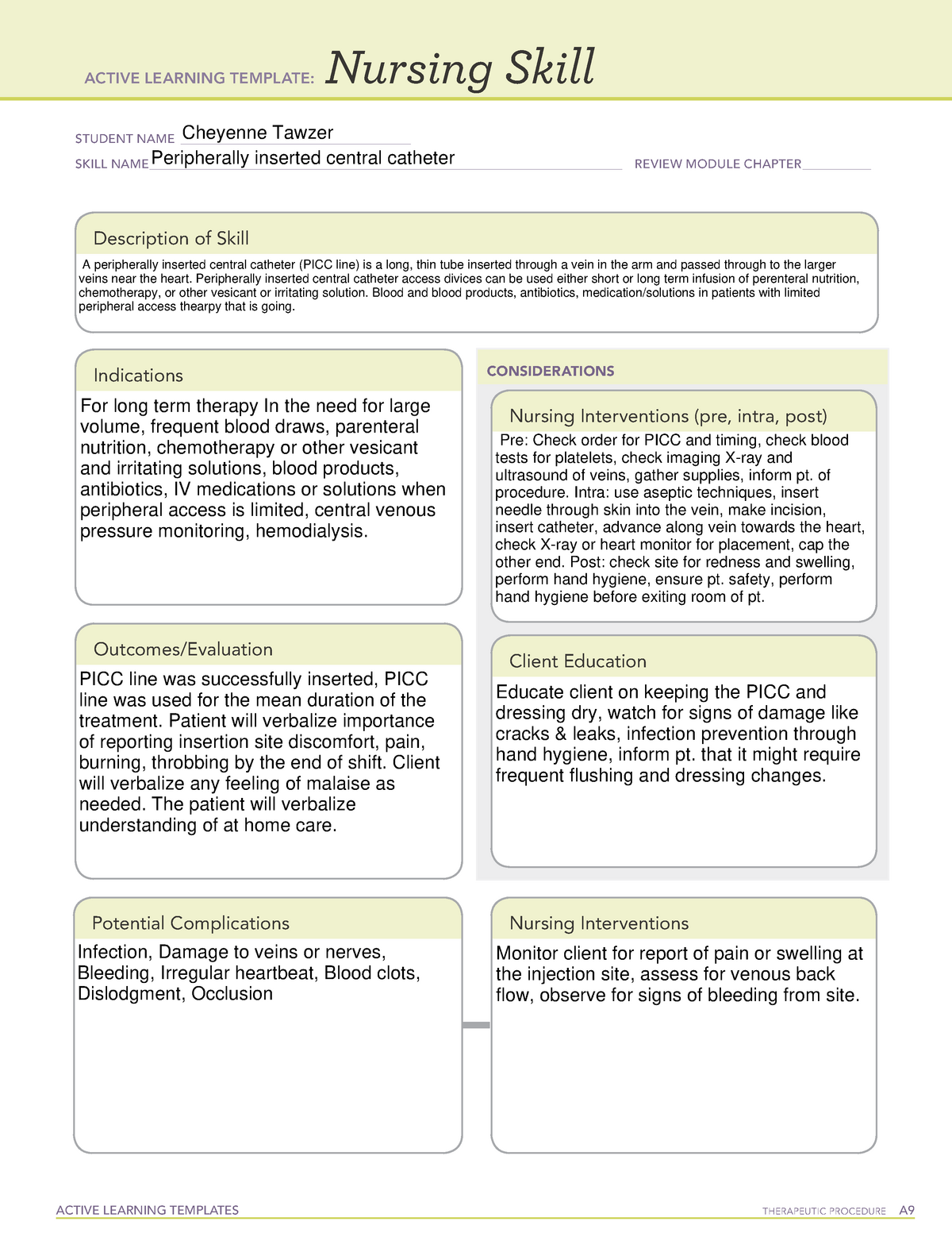 ATI Nursing Skill template PICC Line ACTIVE LEARNING TEMPLATES