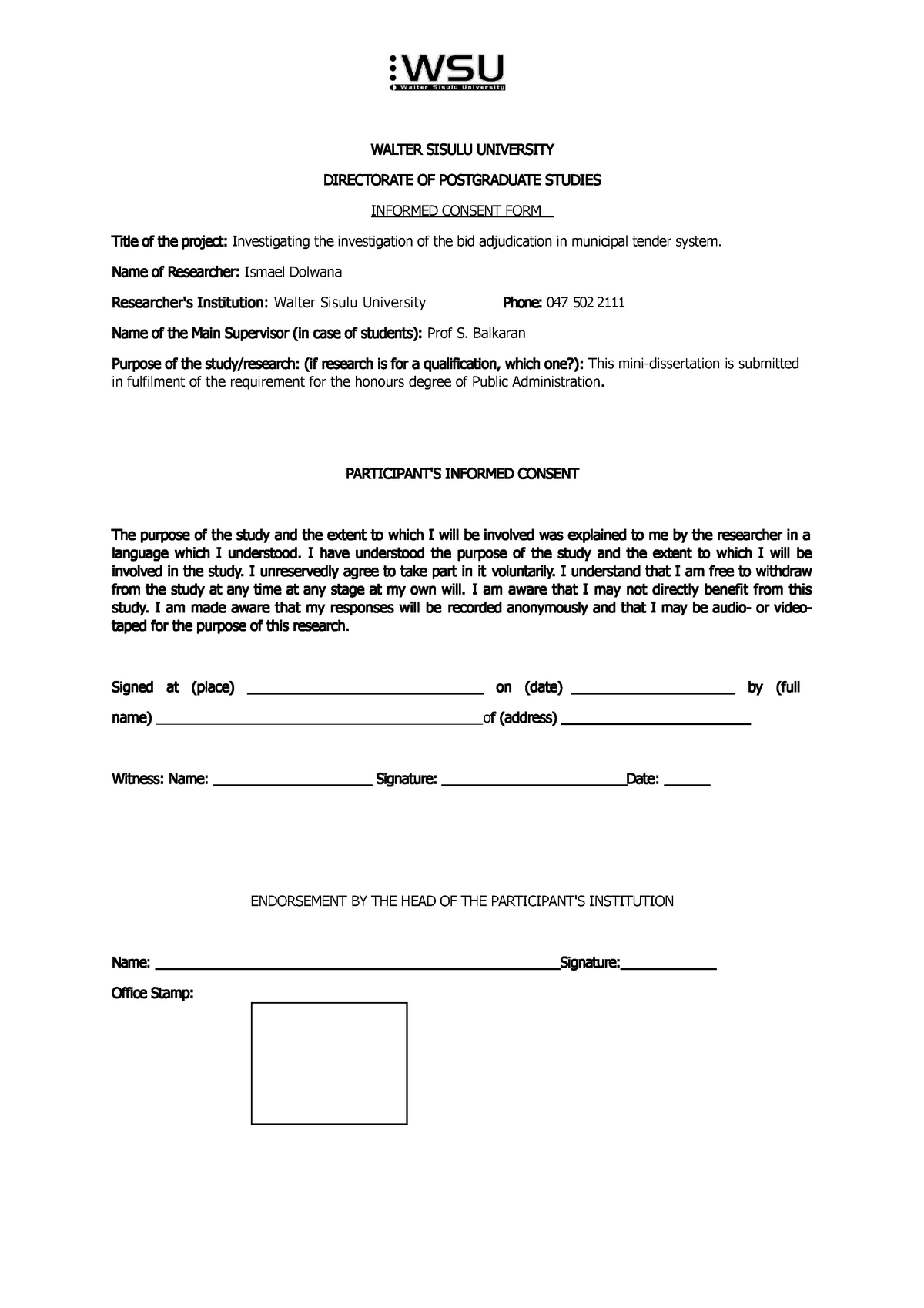 Consent FORM- Walter Sisulu University - WALTER SISULU UNIVERSITY ...