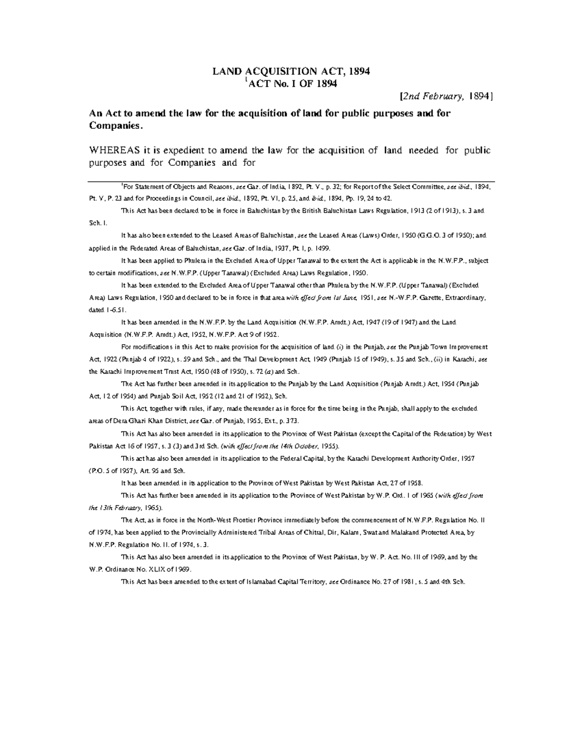 LAND Acquisition ACT, 1894......... LAND ACQUISITION ACT, 1894 1