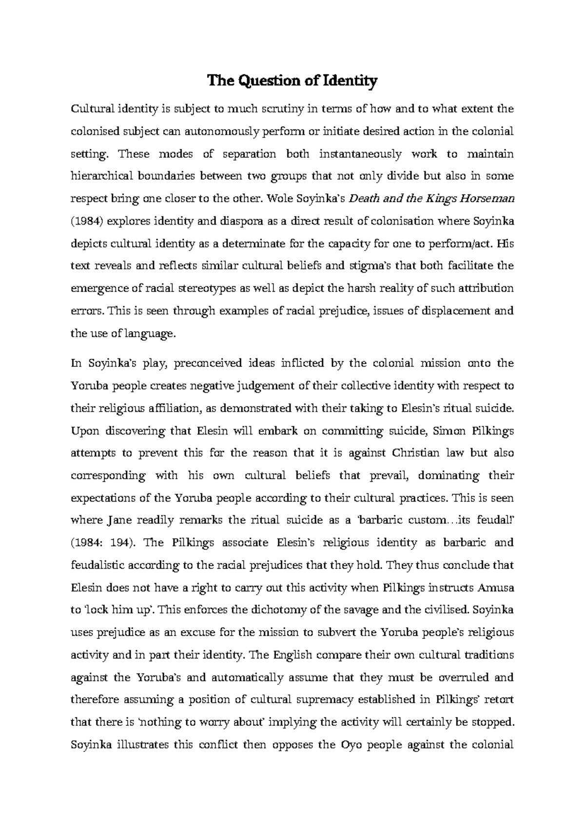HL Essay Sample B Soyinka - The Question of Identity Cultural identity ...