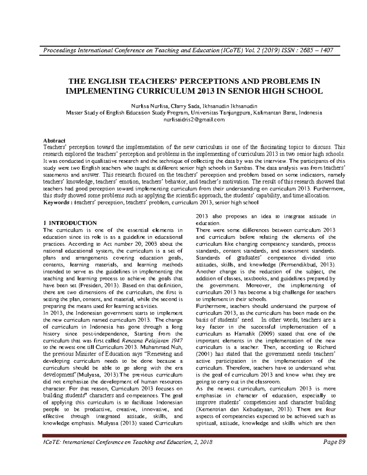 THE English Teachers’ Perceptions AND Problems IN Implementing ...