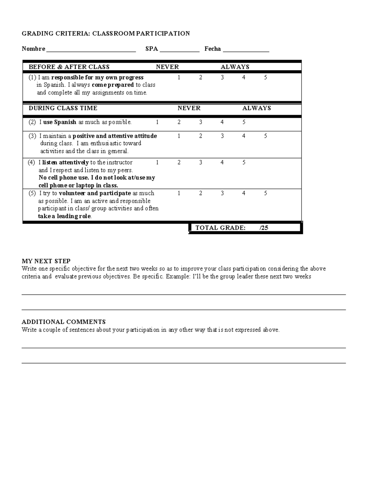 Grading Criteria Participation - GRADING CRITERIA: CLASSROOM ...