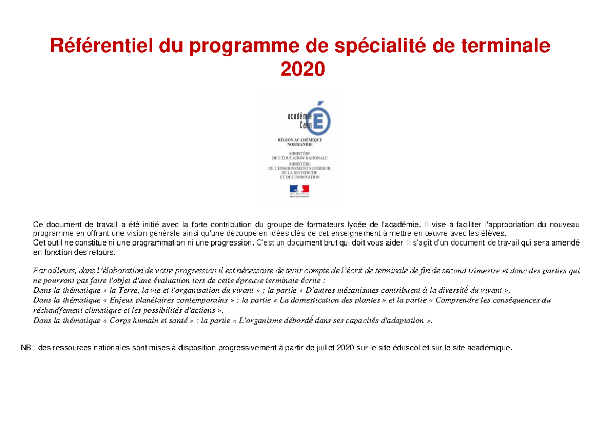 Referentiel enseignement specialite terminale - Référentiel du