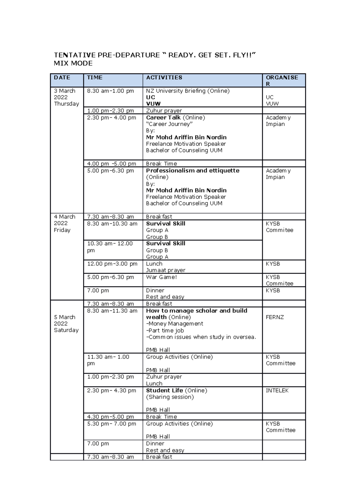 Tentative PRE Depature-Student Copy - TENTATIVE PRE-DEPARTURE “ READY ...