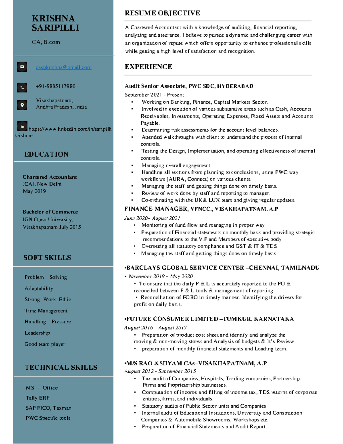 CA Krishna S - Resume - KRISHNA SARIPILLI RESUME OBJECTIVE A Chartered ...