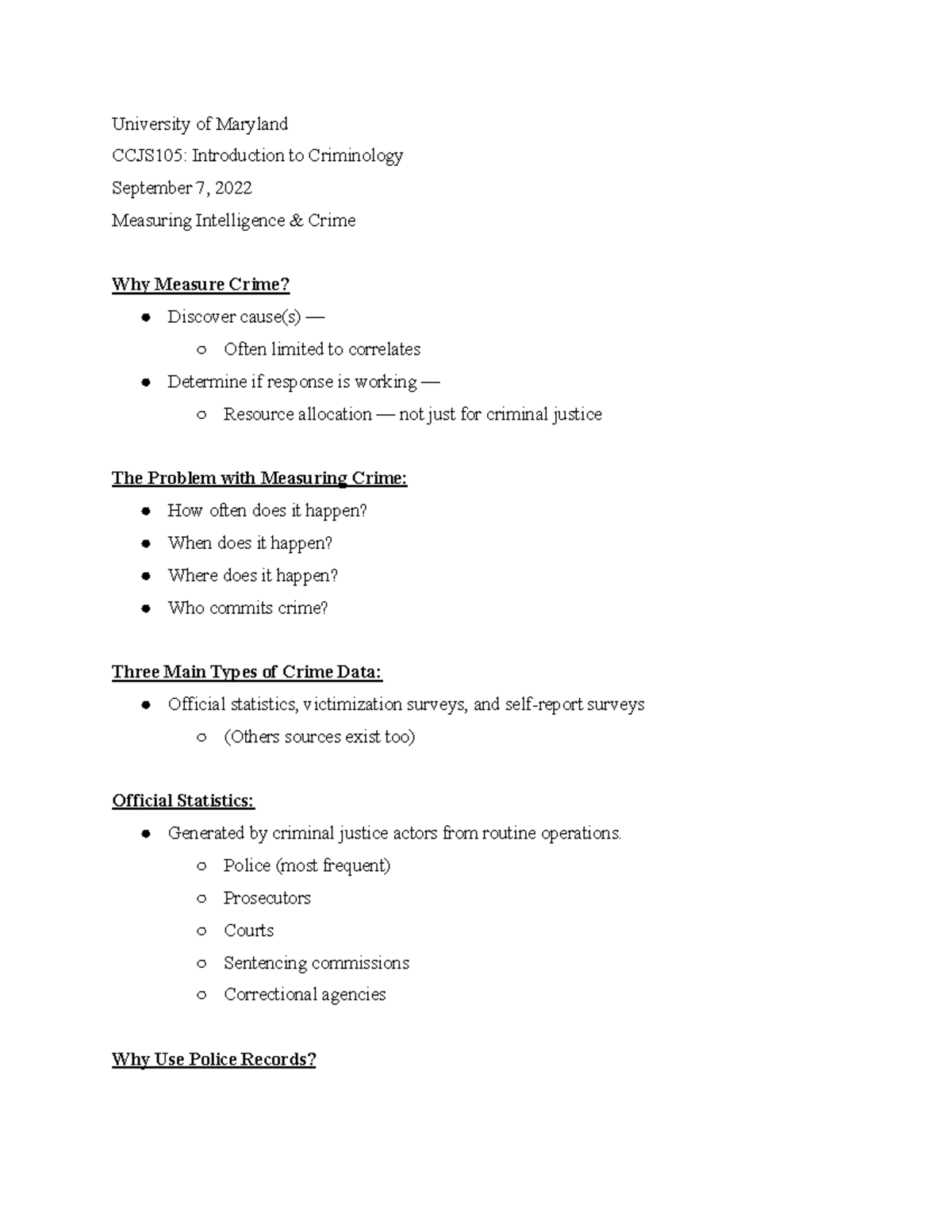 CCJS105 Measuring Intelligence and Crime Pt. 1 - University of Maryland ...