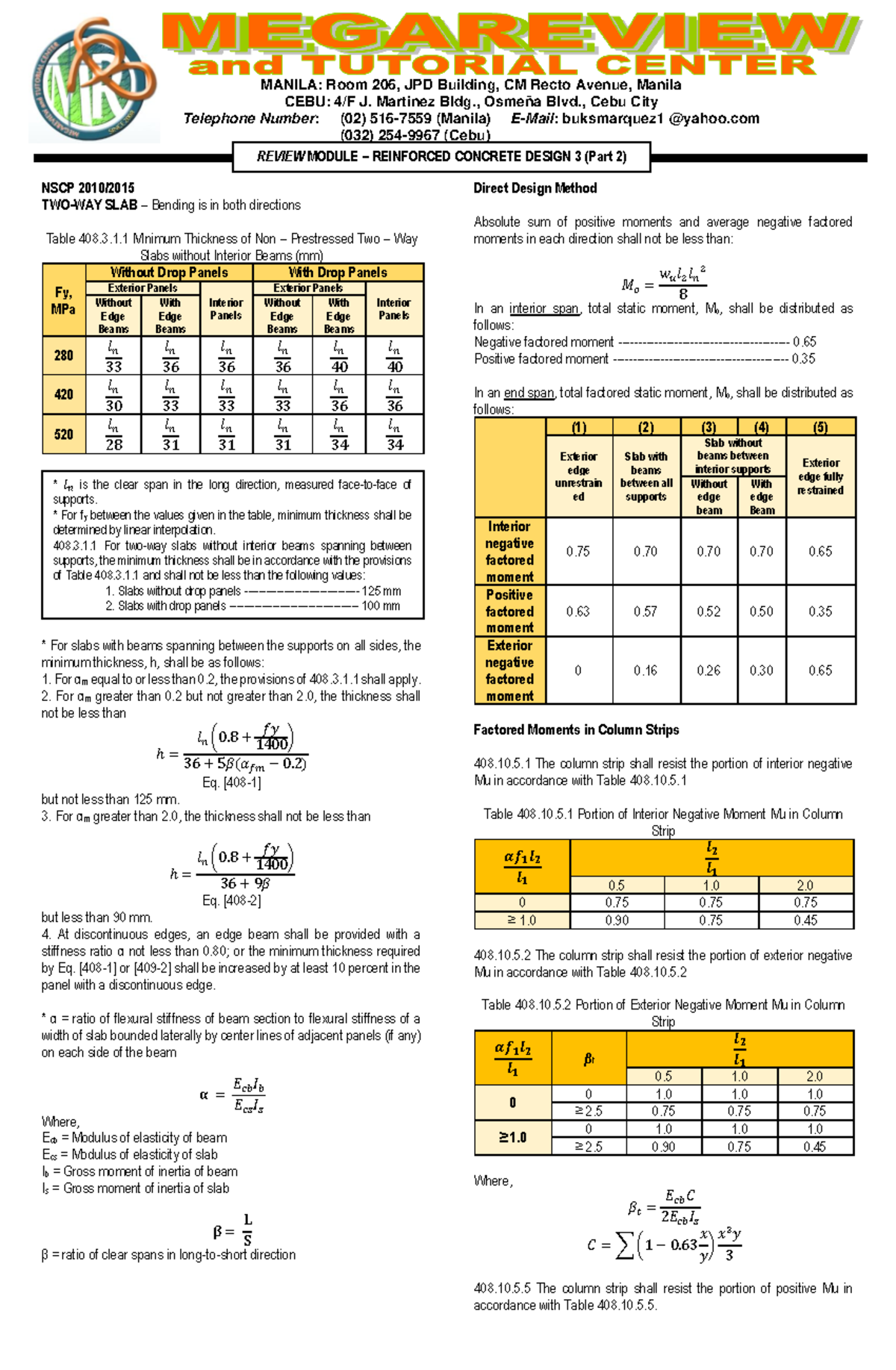 Review Module 43 Rcd 3 Part 2 Two Way Slabs Manila Room 206 Review Module 43 Rcd 3 Part 2 Two Way Slabs Manila Room 206