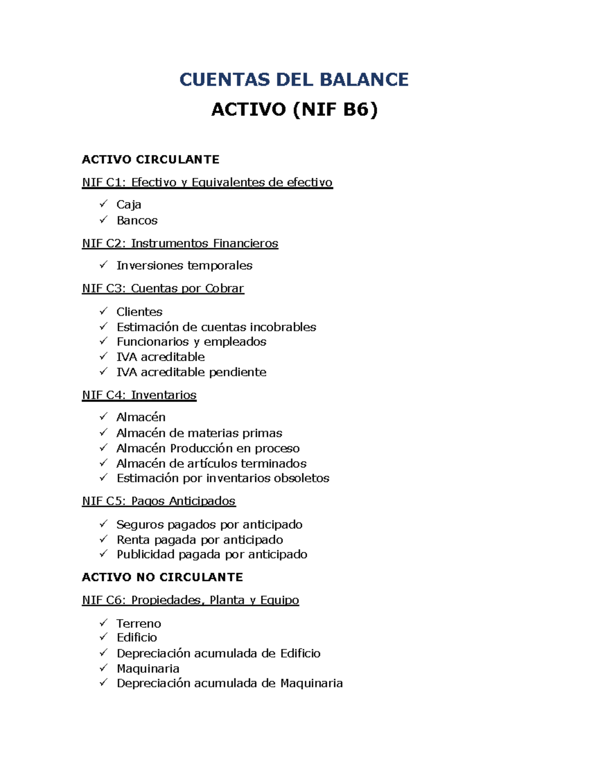 Contabilidad Financiera - CUENTAS DEL BALANCE ACTIVO (NIF B6) ACTIVO ...