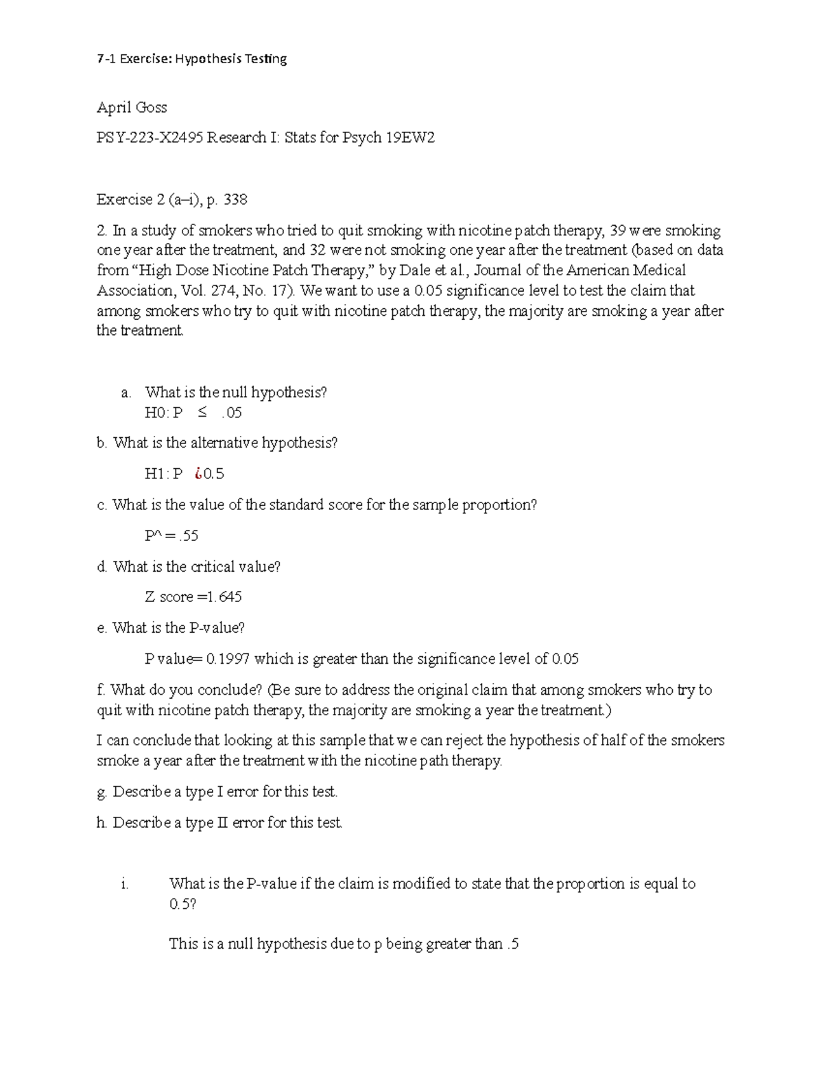 7-1 Excerise Hypothesis psy-223 - 7-1 Exercise: Hypothesis Testing ...