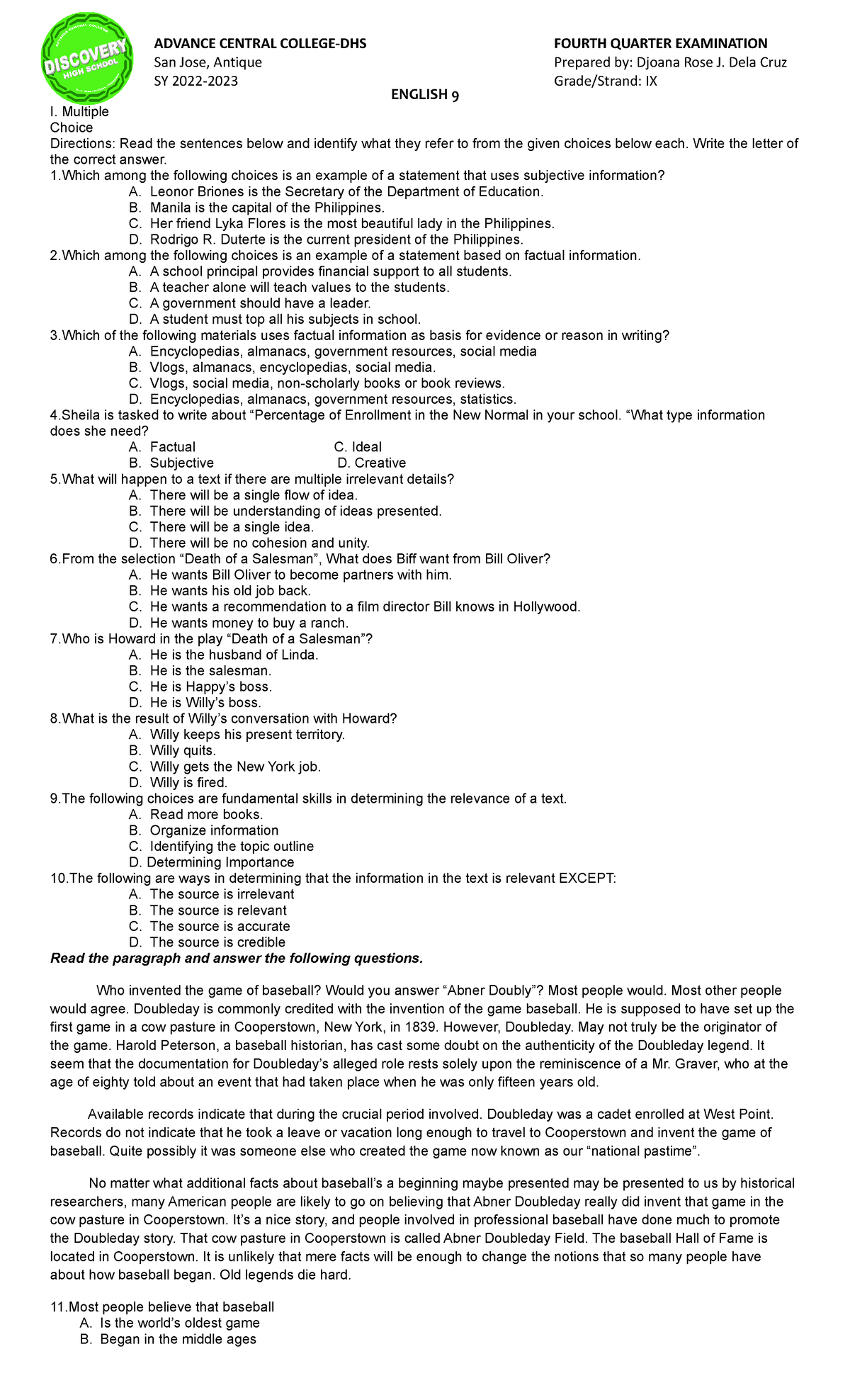 English 9 - ENGLISH 9 I. Multiple Choice Directions: Read the sentences ...