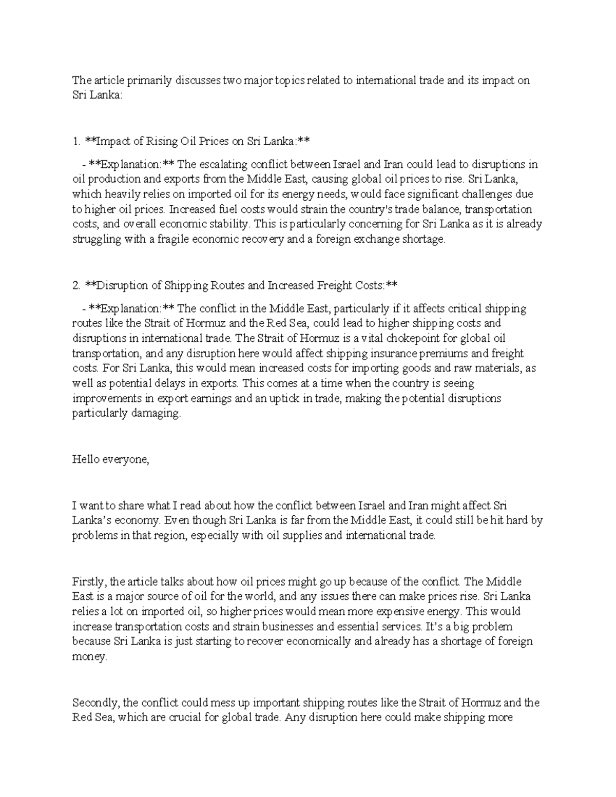 International trade article - The article primarily discusses two major ...