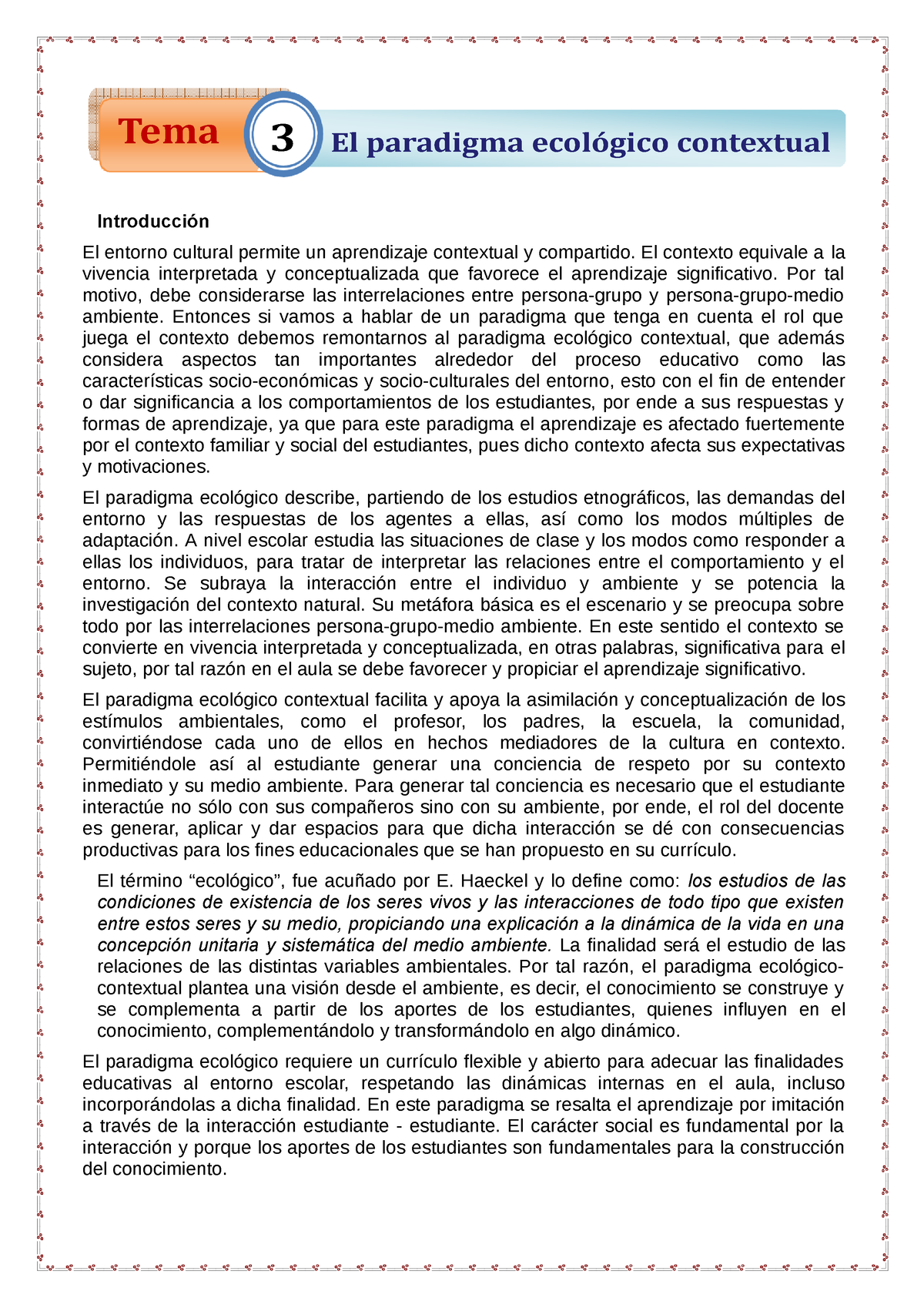 3 Paradigma Ecologico Acepcionesyfundamentos - Tema 3 El paradigma  ecológico contextual Introducción - Studocu