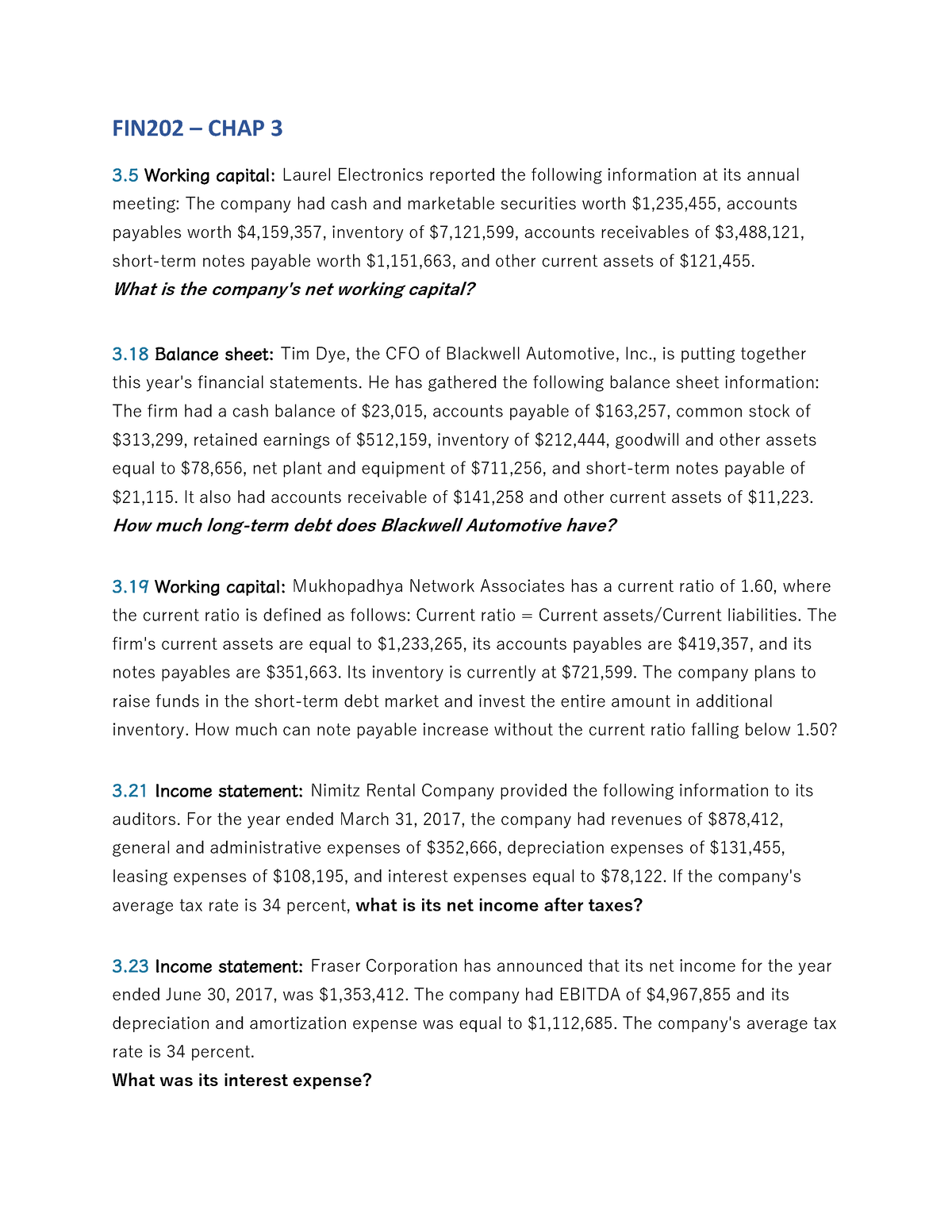 FIN202 Chap-3 Selected-exercises - FIN202 – CHAP 3 5 Working Capital ...