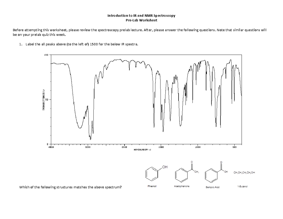 IR, NMR PreLab Worksheet Introduction to IR and NMR Spectroscopy PreLab Worksheet Before