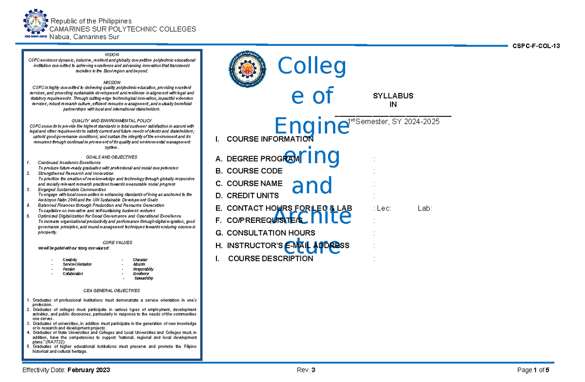 Syllabus Template - Colleg e of Engine ering and Archite cture CSPC-F ...
