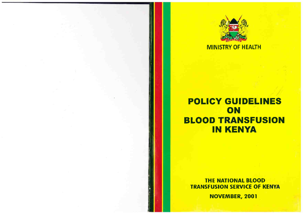 Policy Guidelines on Blood Transfusion in Kenya Food, Dietetics and Nutrition Studocu