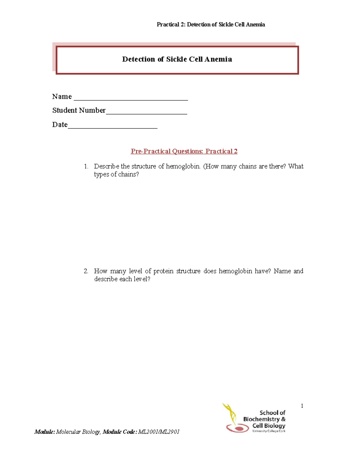 ML2001 ML2901 Practical 2 Detection of Sickle Cell Anemia - Detection ...