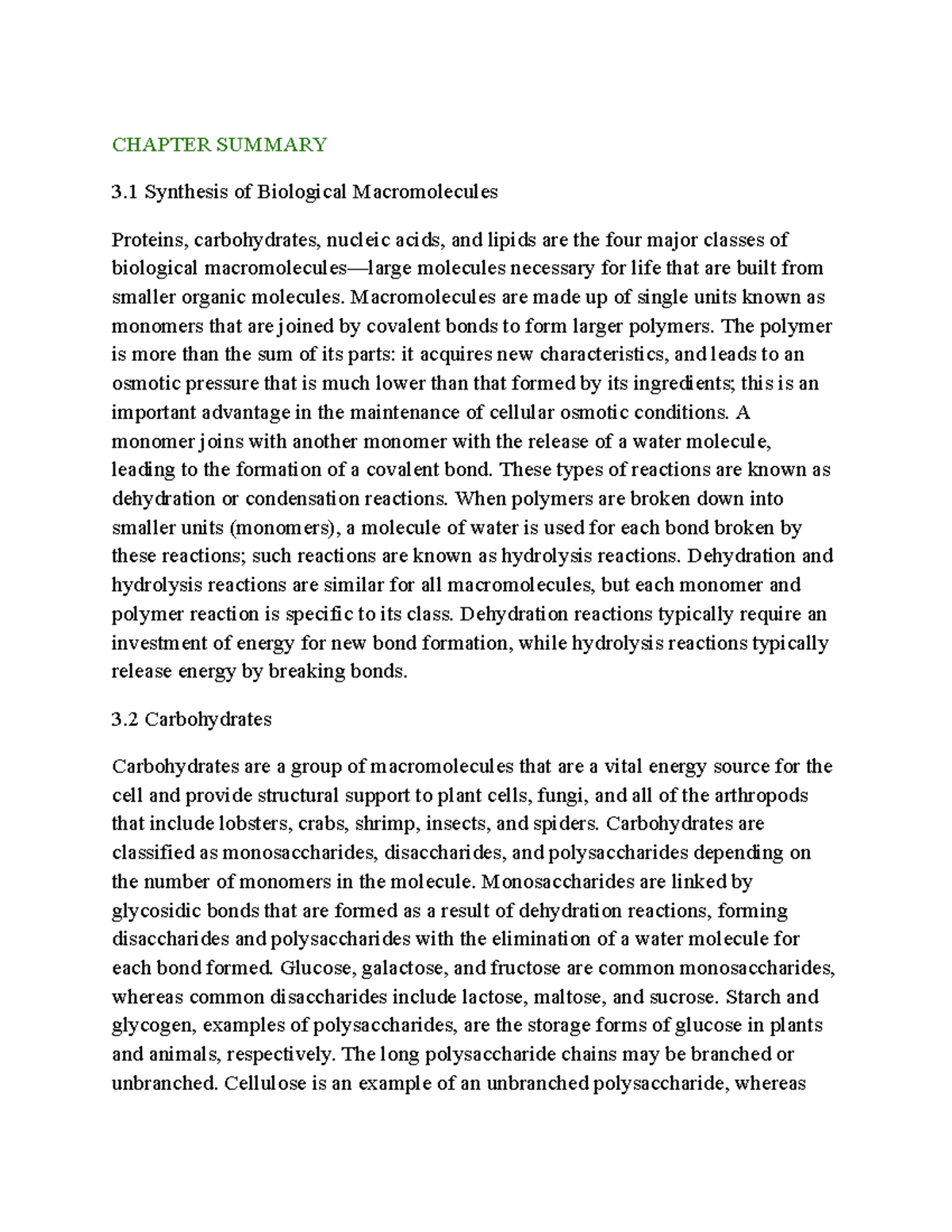 Bio chapter book sumarries CHAPTER SUMMARY 3 Synthesis of Biological