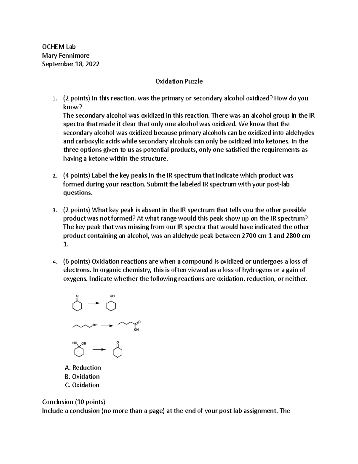 Ochem II Oxidation Puzzle - OCHEM Lab Mary Fennimore September 18, 2022 ...