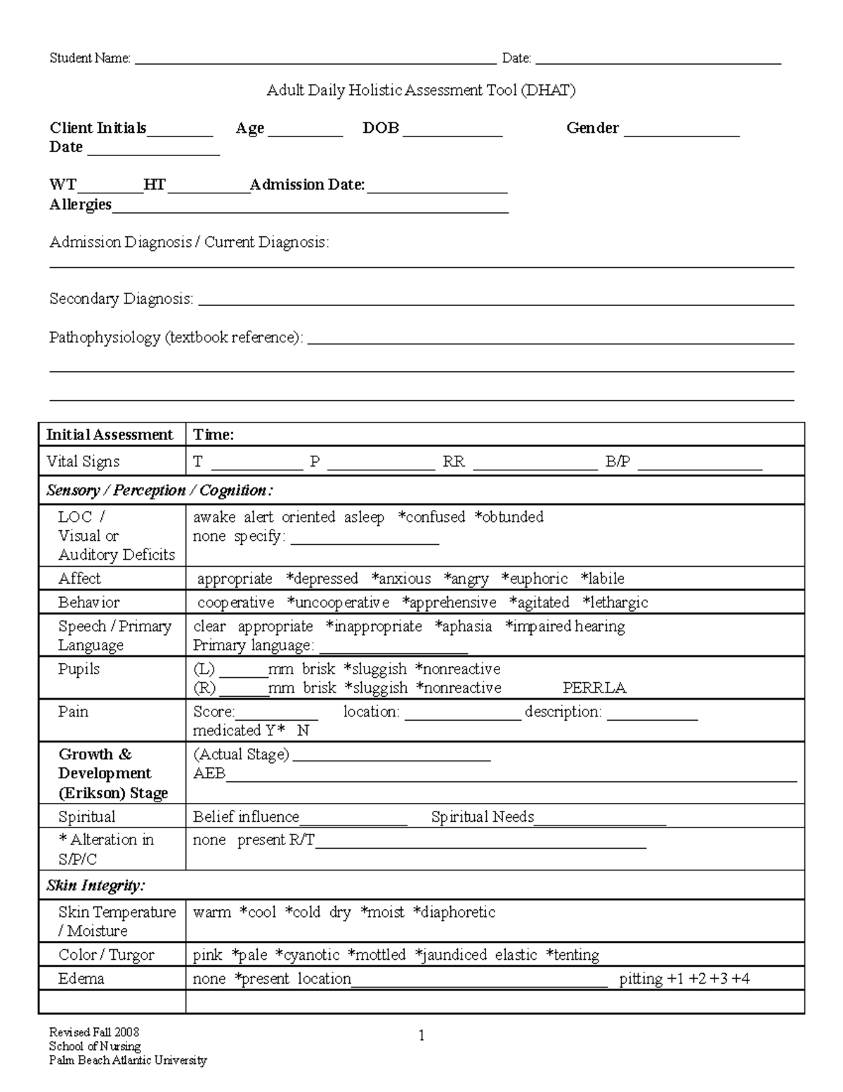 2020 DHAT - Fundamentals of Nursing Clinical assessment tool - Student ...