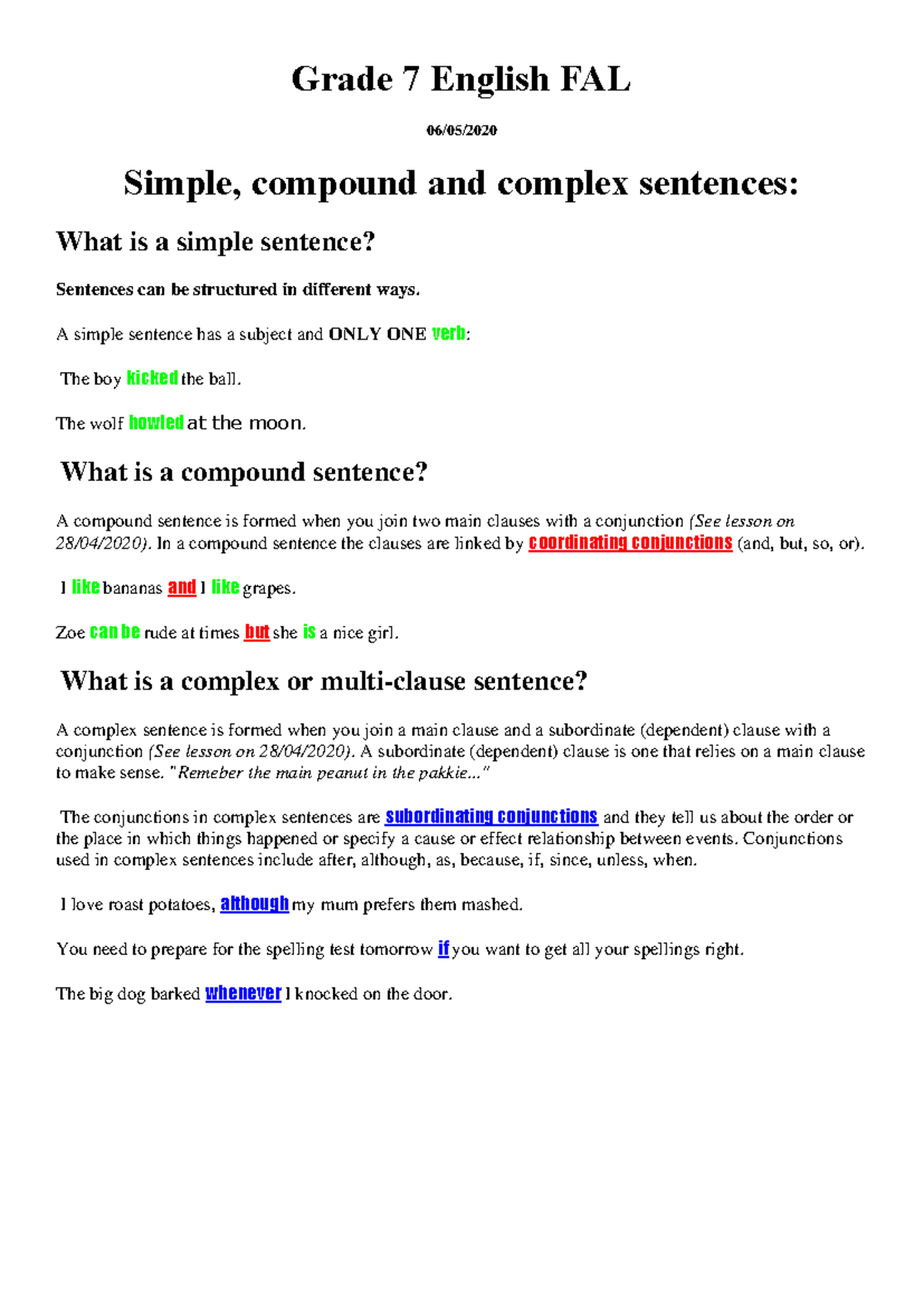 Grade 7 FAL - Sentences - Simple Compound Complex - Grade 7 English FAL ...