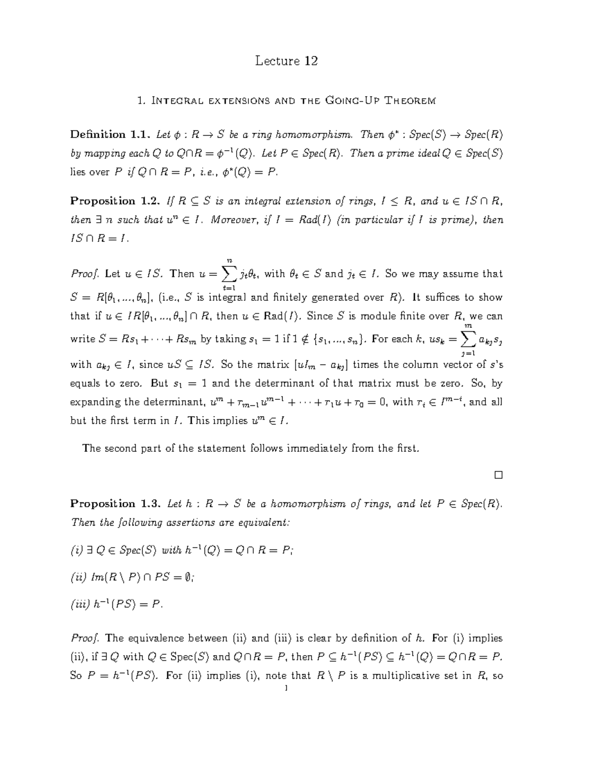 Lecture Notes - Lecture 12 - Lecture 12 1. Integral Extensions And The ...