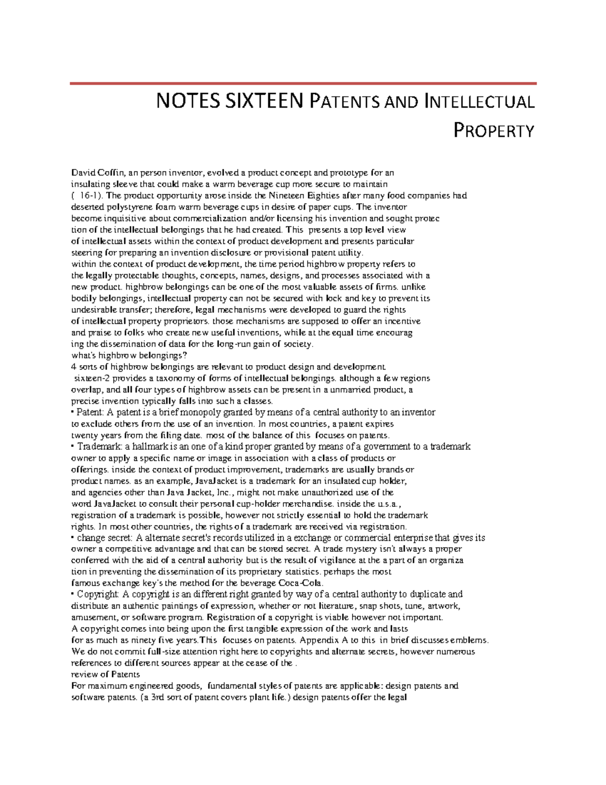 Notes Sixteen Patents and Intellectual Property - NOTES SIXTEEN PATENTS ...