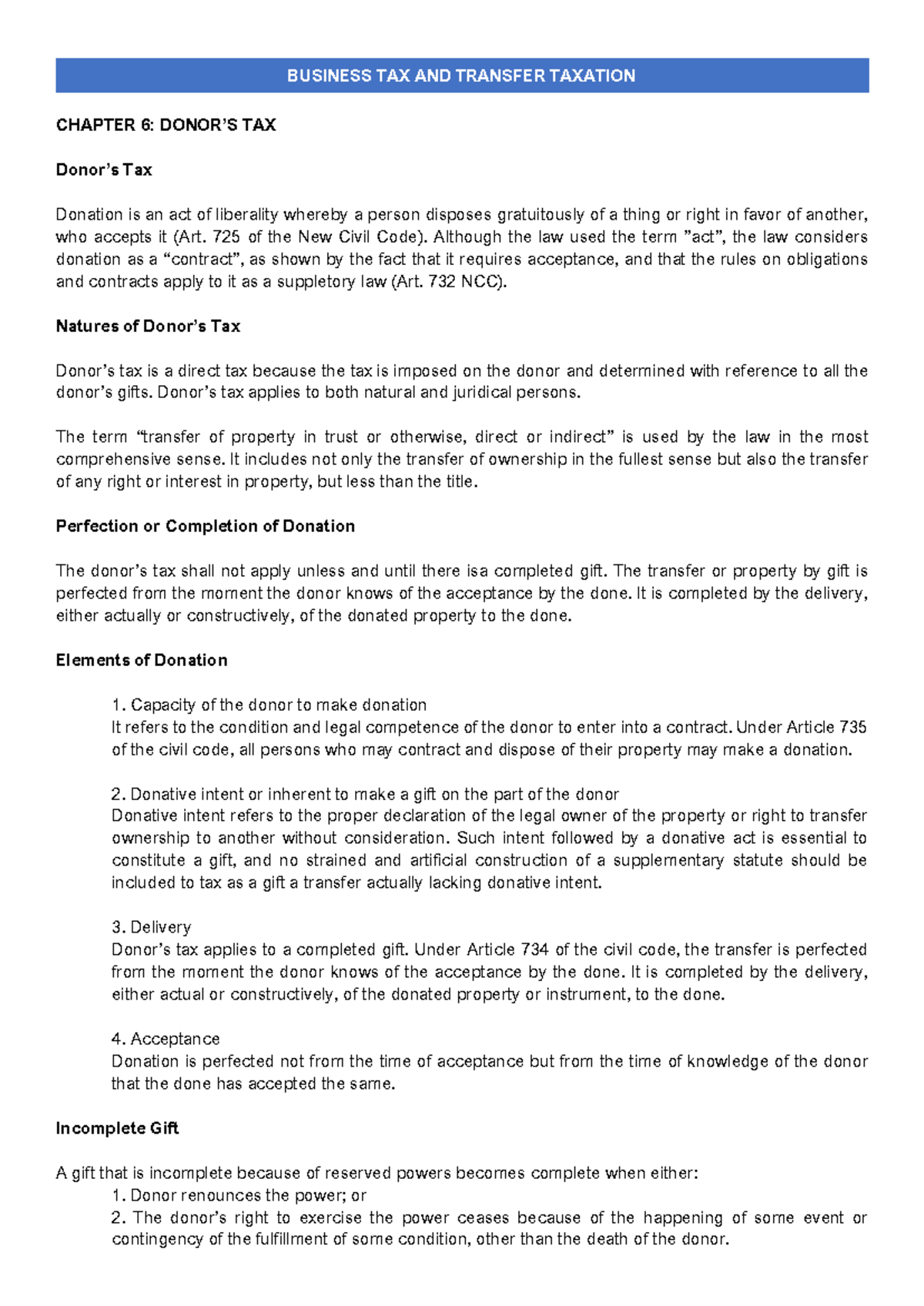 Chapter 6 Donor's Tax Donor's Tax BUSINESS TAX AND TRANSFER